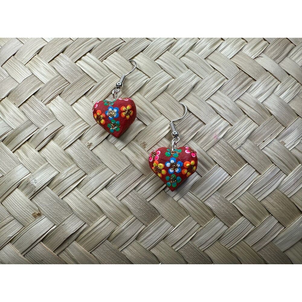 Dark Red Wood Heart Earrings Hand Painted Mexican Folk Art Oaxaca Floral Dangle